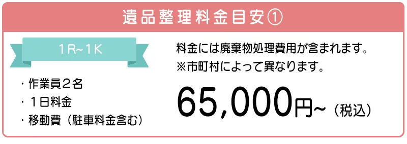 遺品整理の料金：65,000円。（１ルームの広さ）